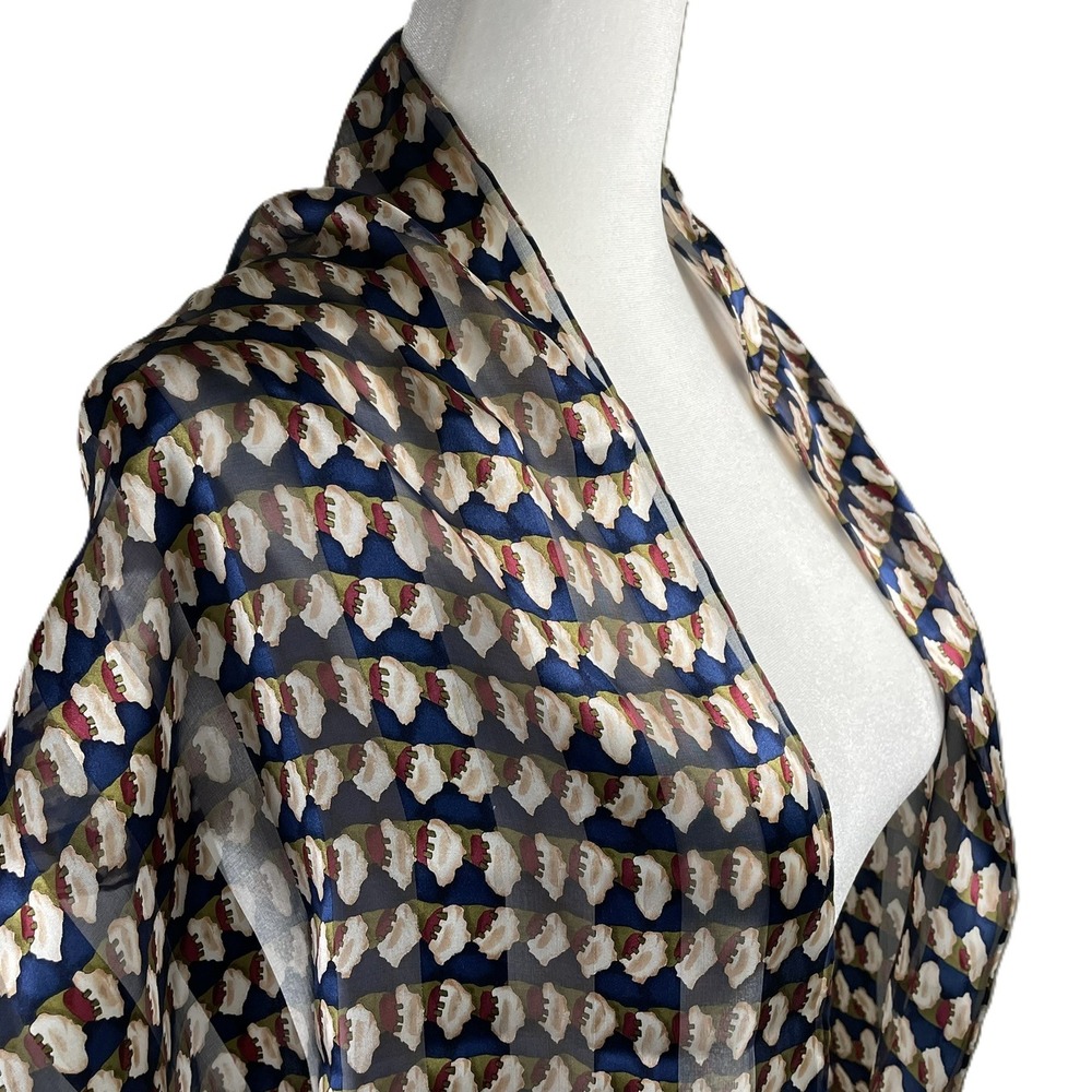 Vintage Style 100% Silk Abstract Geometric Print Scarf Navy Blue Cream 64x13 - Picture 4 of 12